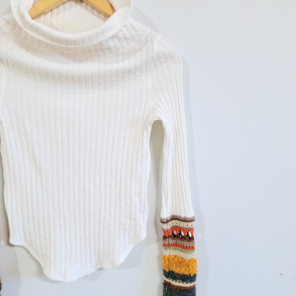 Free People Mixed Up Cuff Ivory Ribbed Turtleneck Sweater XS Boho - Picture 3 of 7